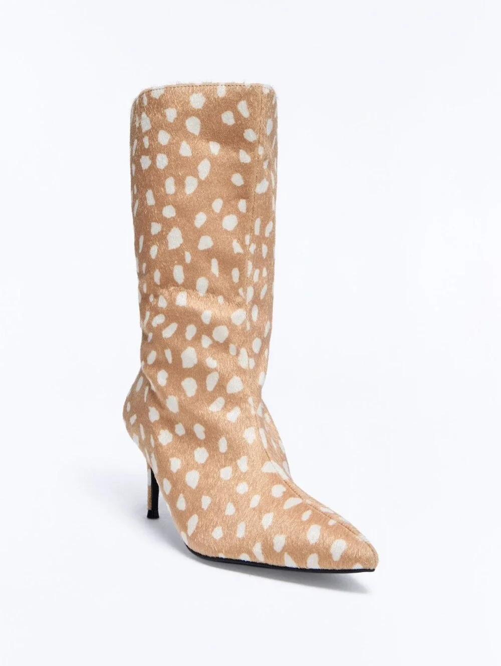 Women’s Beige & White Spotted Mid-Calf Pointed Heel Boots